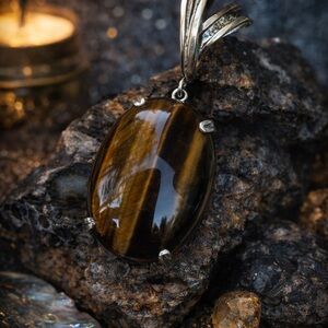 Sterling Silver Tiger’s Eye Pendant | 2” Statement Gemstone Necklace Charm 🐅